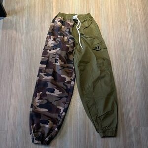 Brown and Green Cargo Pants with Asymmetrical Design